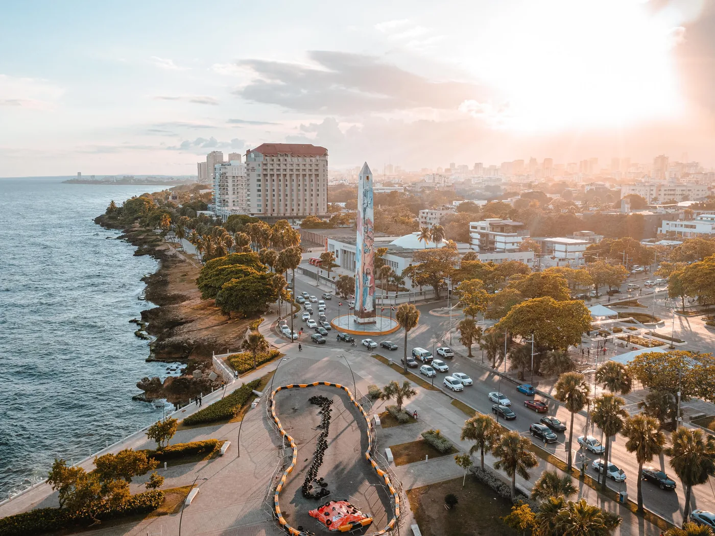 Aerial view of the Malecon in Santo Domingo, with Crowne Plaza on the waterfront